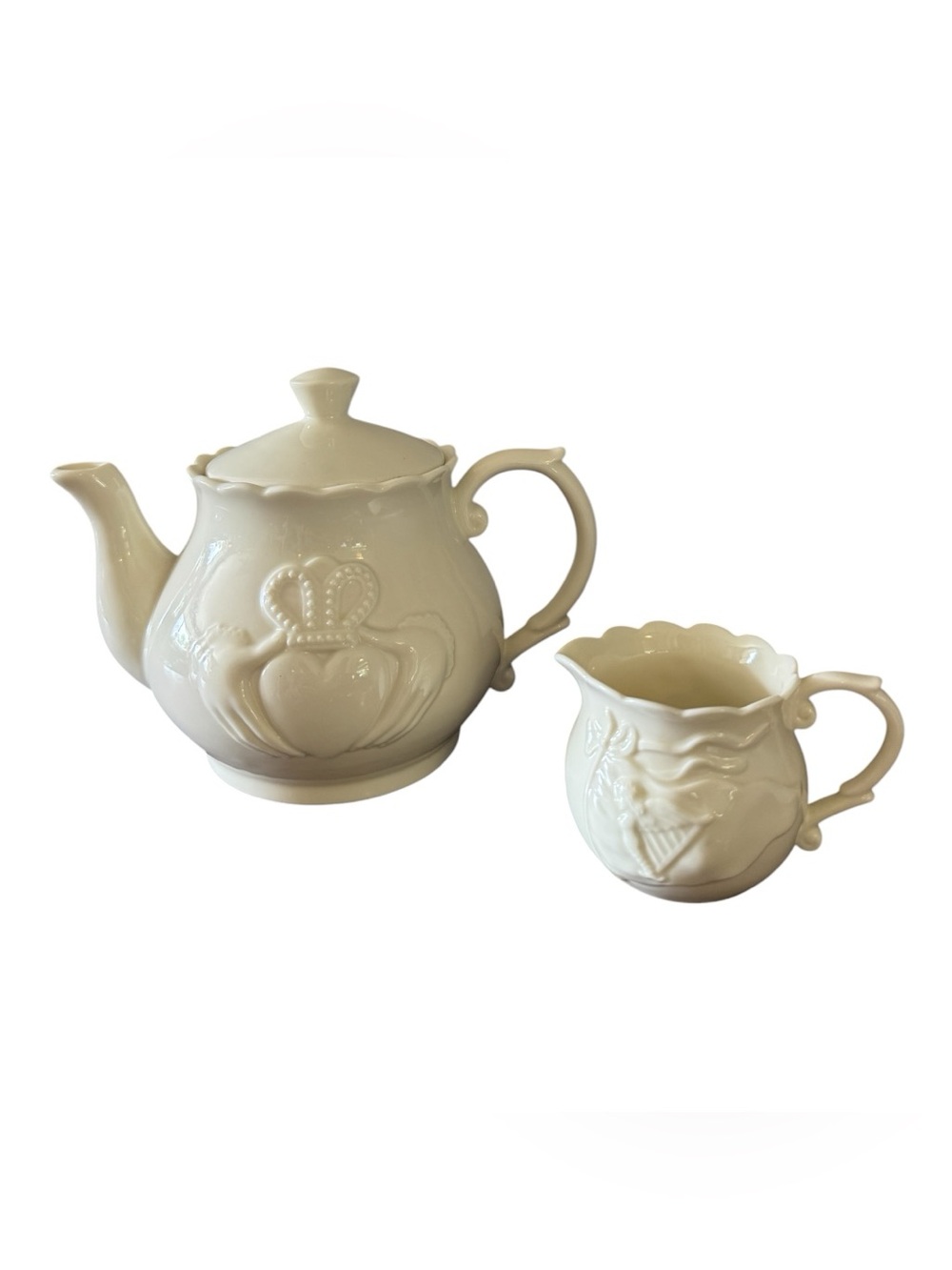 Vintage Irish Teapot & Creamer Set Ivory | Crown Harp Clover
